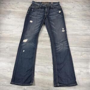 BKE Carter Boot Leg Jeans Mens 30x34 Fits 31" Dark Wash Distressed Backflap